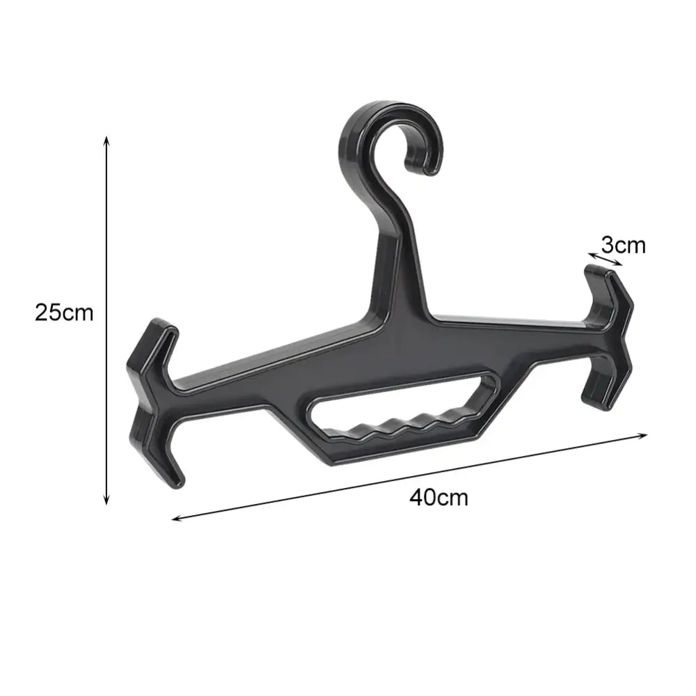 Plastic hanger with multiple hooks and a textured grip area.