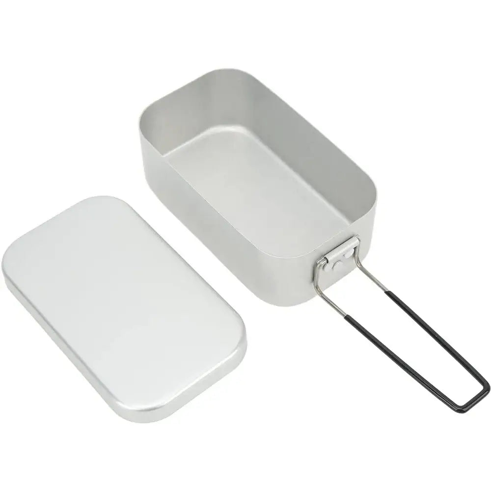 Aluminum mess kit or camping cookware with a folding handle and lid.