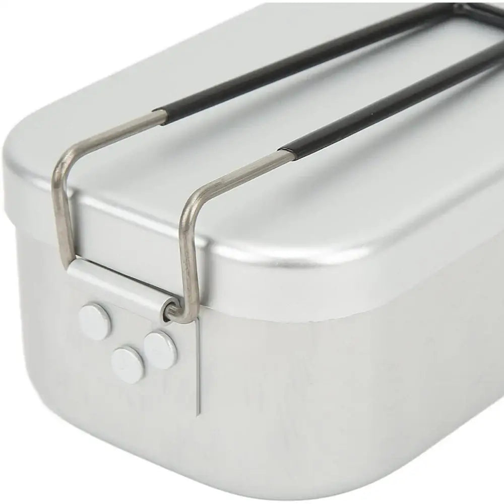 Metal lunch box or food container with hinged lid and clasps.