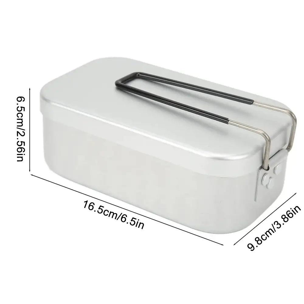 Rectangular metal lunch box or food container with a hinged lid and carrying handle.