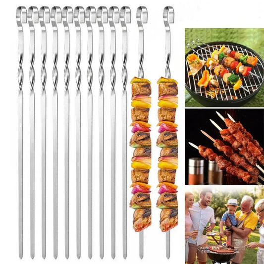 Set of long metal skewers for grilling kebabs or other foods.