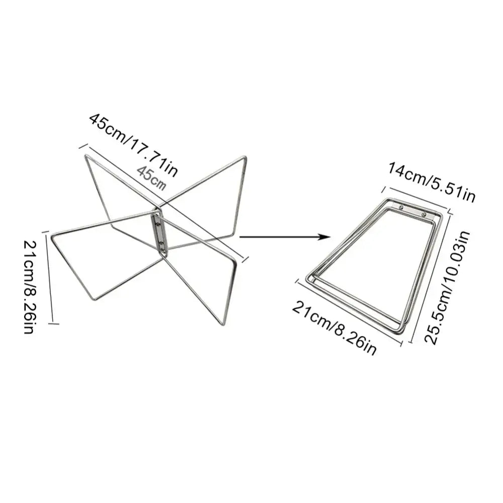 Collapsible metal book or tablet stand with labeled dimensions.