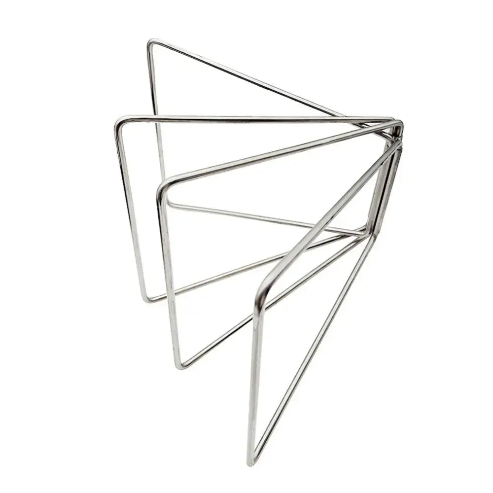 Geometric metal wire sculpture with intersecting triangular shapes.