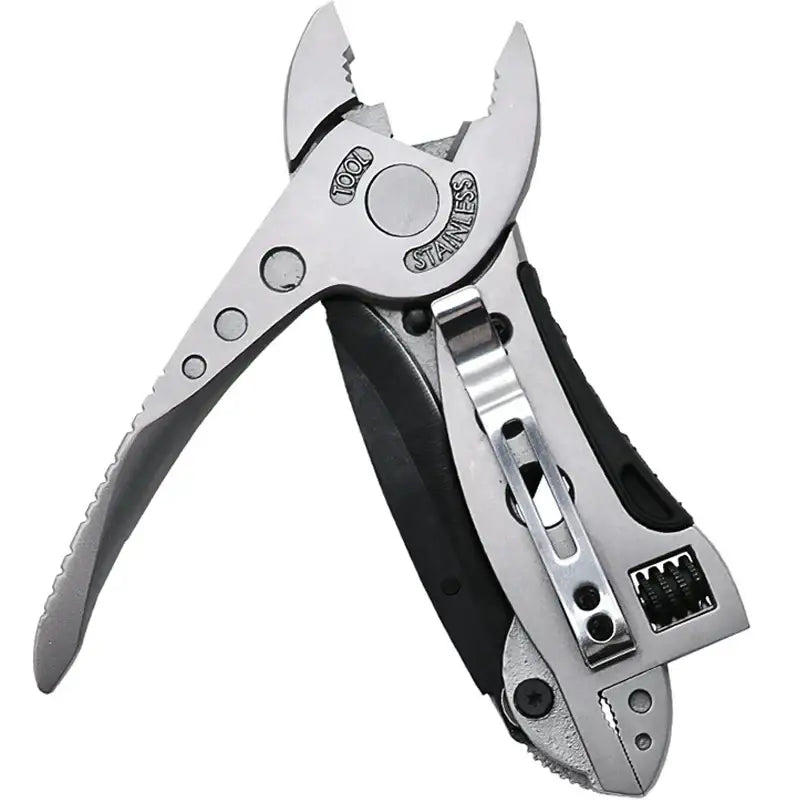 Multi-tool pliers with various integrated functions and a metallic finish.