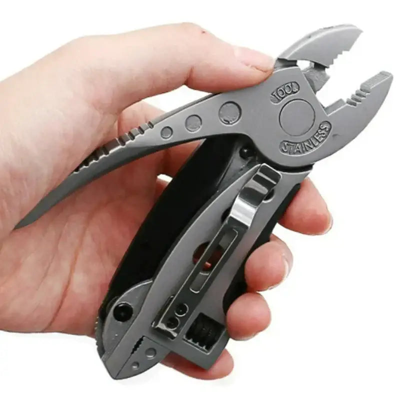 Multi-tool pliers with various integrated functions and a metallic gray finish.