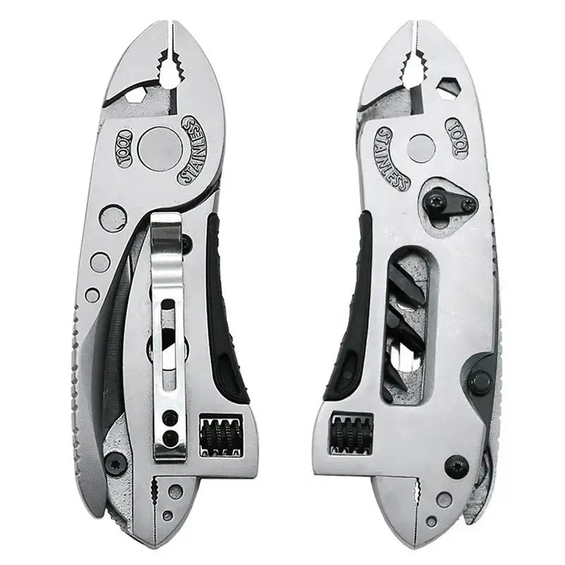 Multi-tool pliers with various integrated tools and functions.