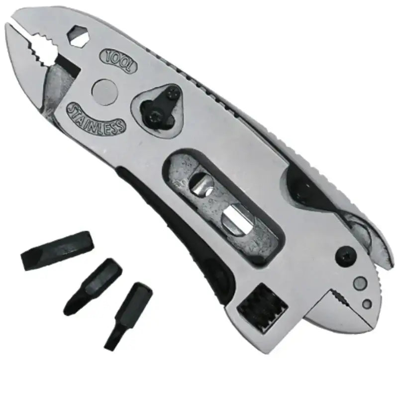 Multi-tool pliers with interchangeable screwdriver bits.