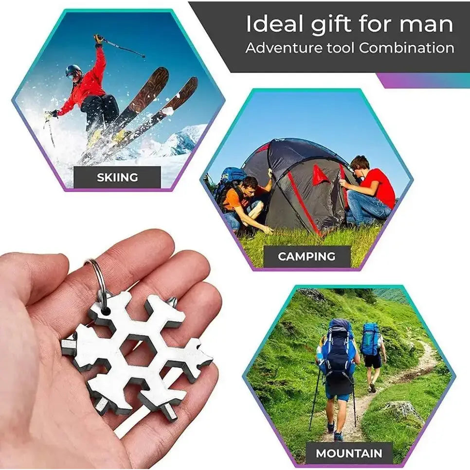 Multi-tool shaped like a snowflake with various functions for outdoor activities.