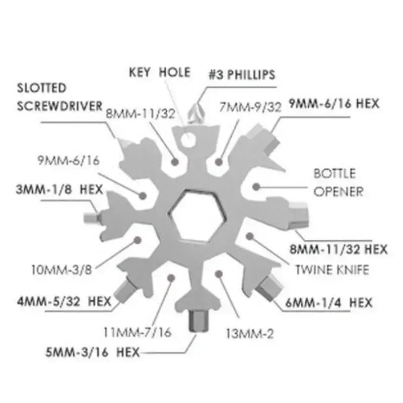 Multi-tool snowflake-shaped device with various screwdriver bits, hex wrenches, and other utility functions.