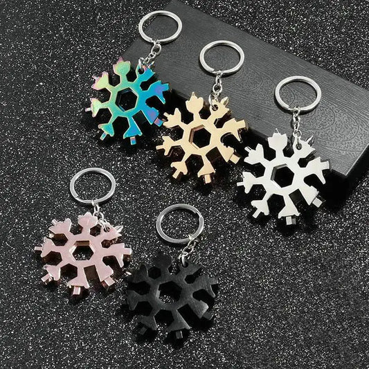 Snowflake-shaped keychains in various colors.