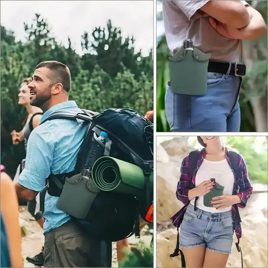 Canteen or water bottle attached to hiking gear or backpacks.