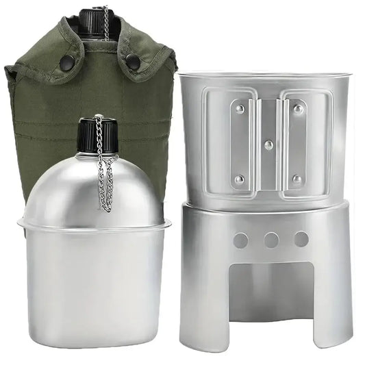 Military-style canteen and cooking set with aluminum containers and an olive green cover.