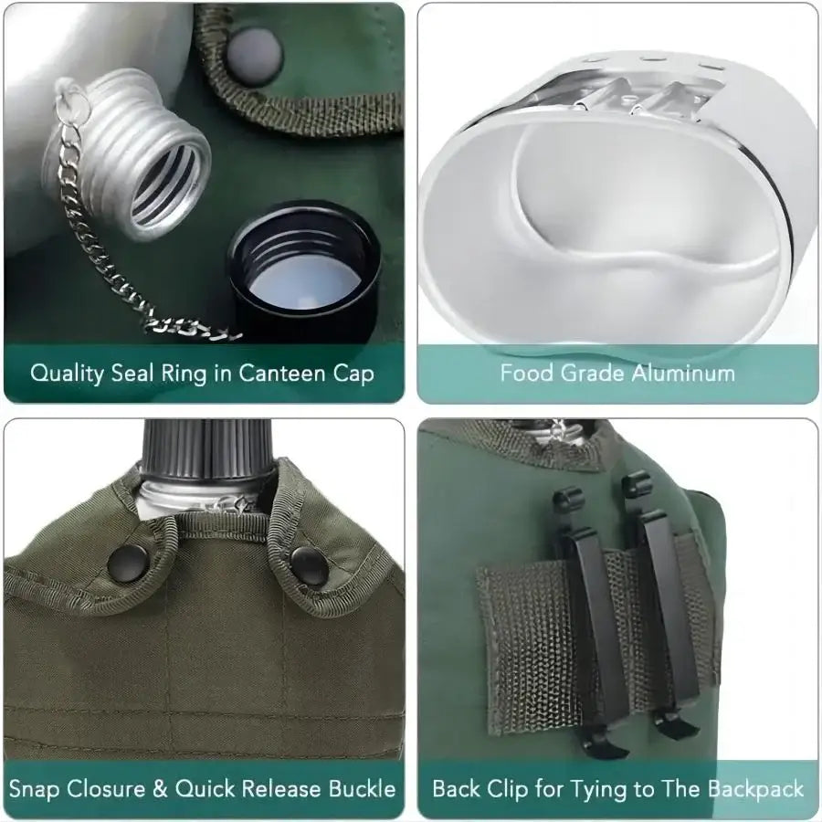 Military-style canteen with various functional components and attachments.