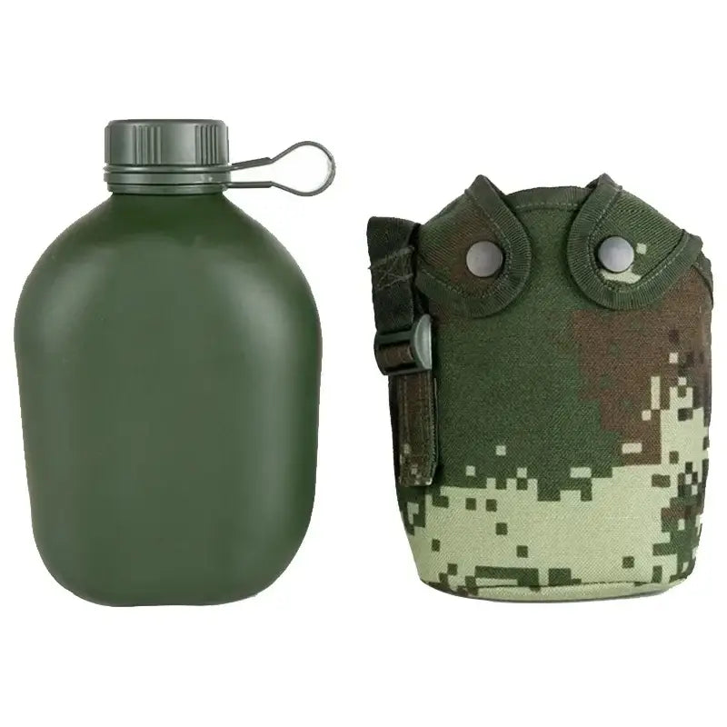 Military-style canteen with a camouflage cover.