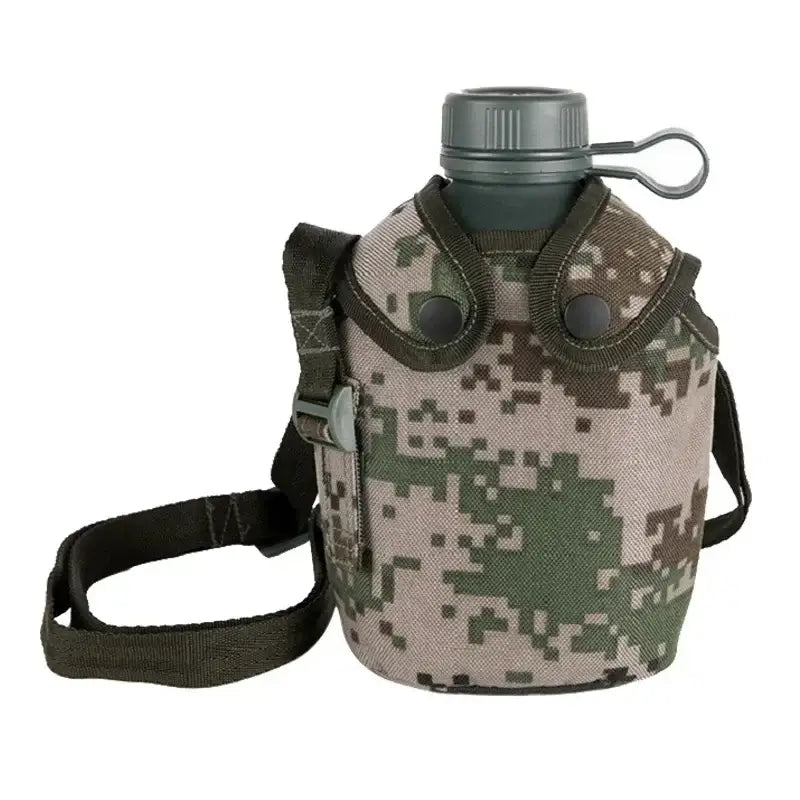 Military-style canteen with a camouflage cover and shoulder strap.