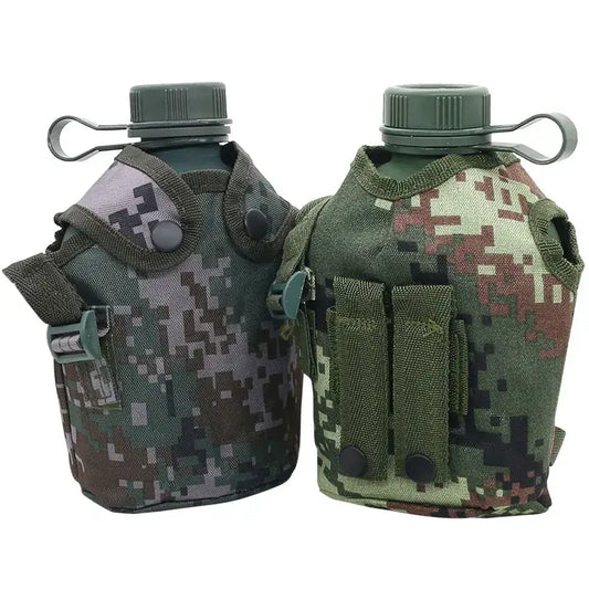 Military-style canteens with camouflage covers.