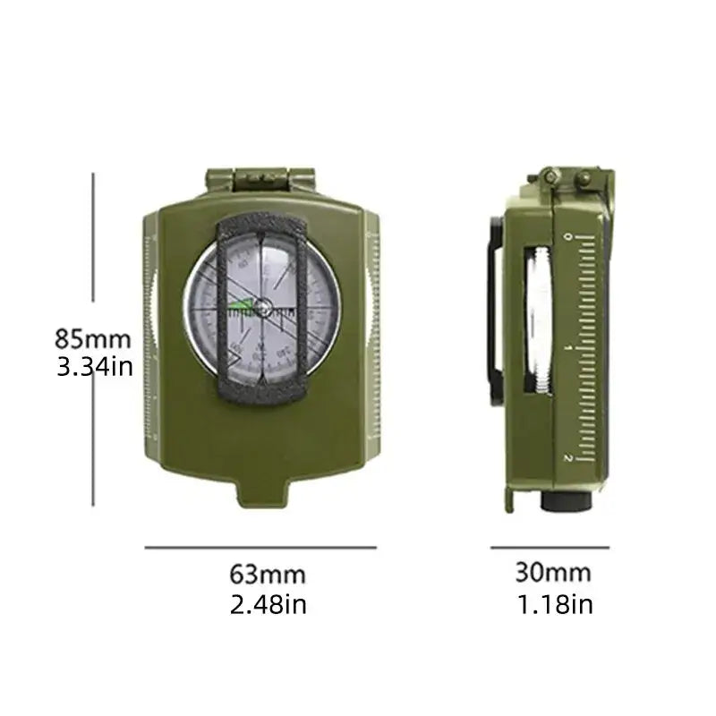 Military-style compass with a green casing and folding cover.