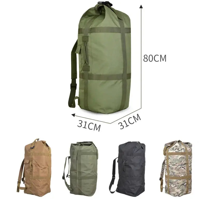 Cylindrical military-style duffel bag with shoulder straps in olive green color.