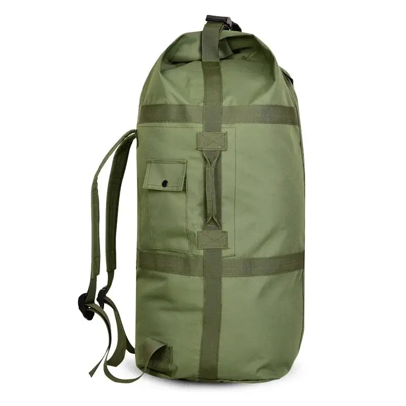 Military-style duffel backpack in olive green color.