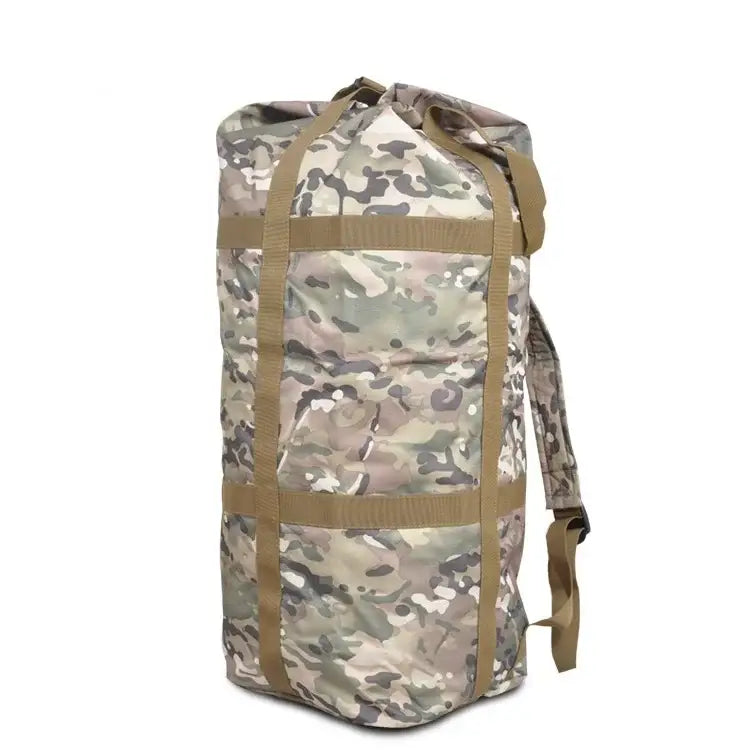 Military-style duffel bag with camouflage pattern and shoulder straps.