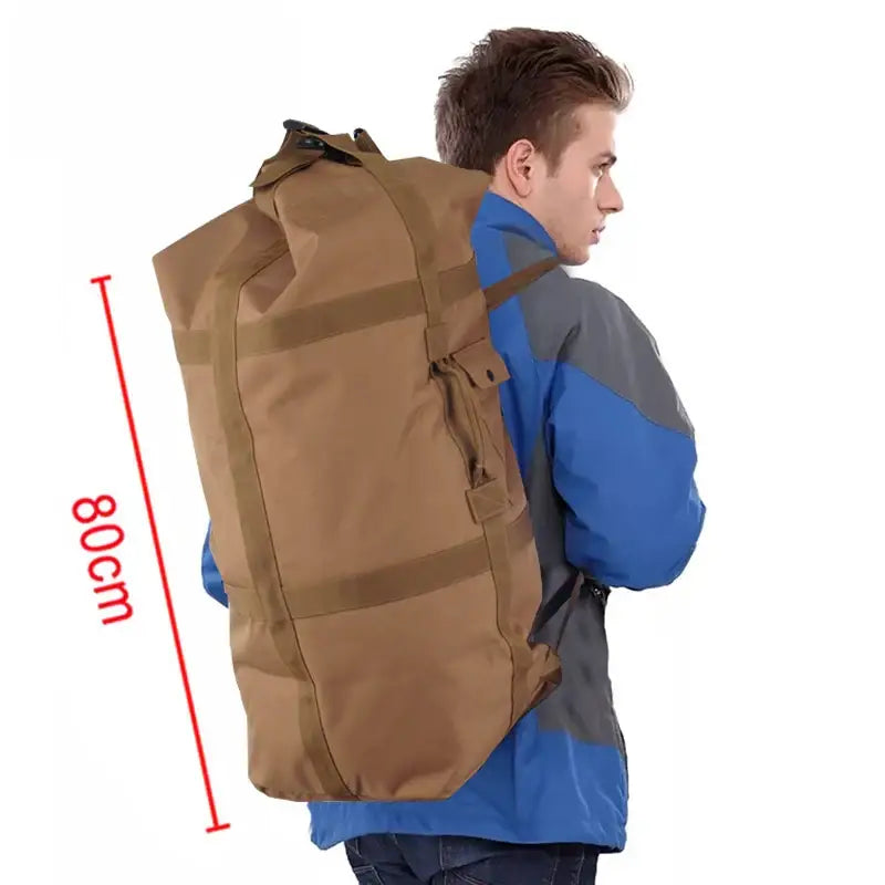 Tan duffel bag or backpack with a measurement indicator showing 80cm length.