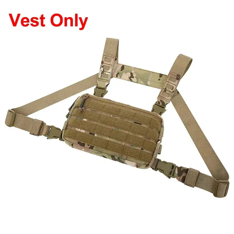 Tactical chest rig with adjustable straps and MOLLE-compatible pouch.