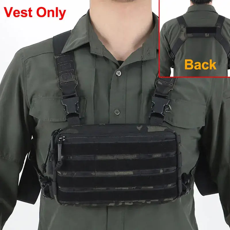 Tactical chest rig with MOLLE-compatible pouches worn over a green shirt.