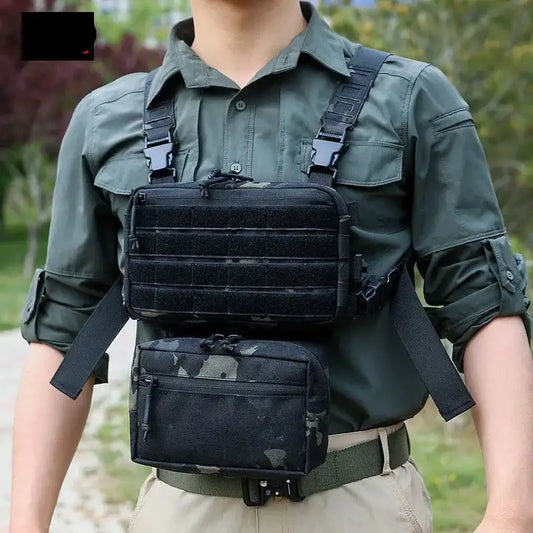 Tactical chest rig with multiple pouches and straps.