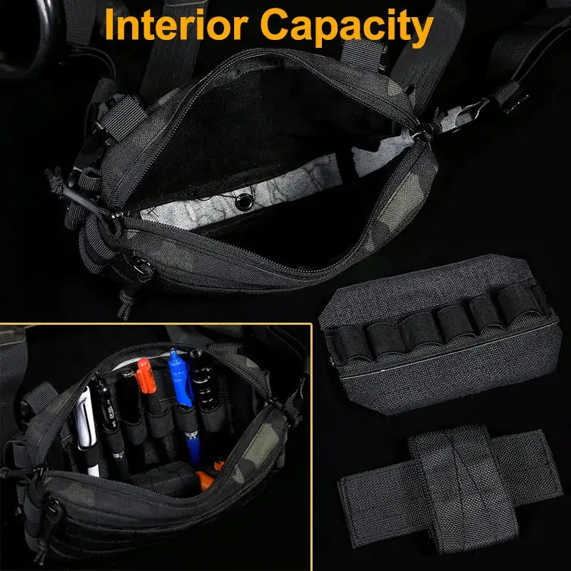 Tactical waist pack or utility belt with multiple compartments and pouches for storing gear and tools.