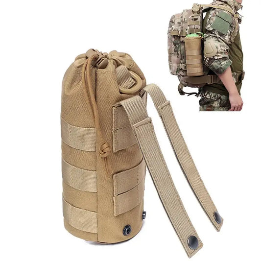 Tactical water bottle holder with MOLLE straps in tan color.