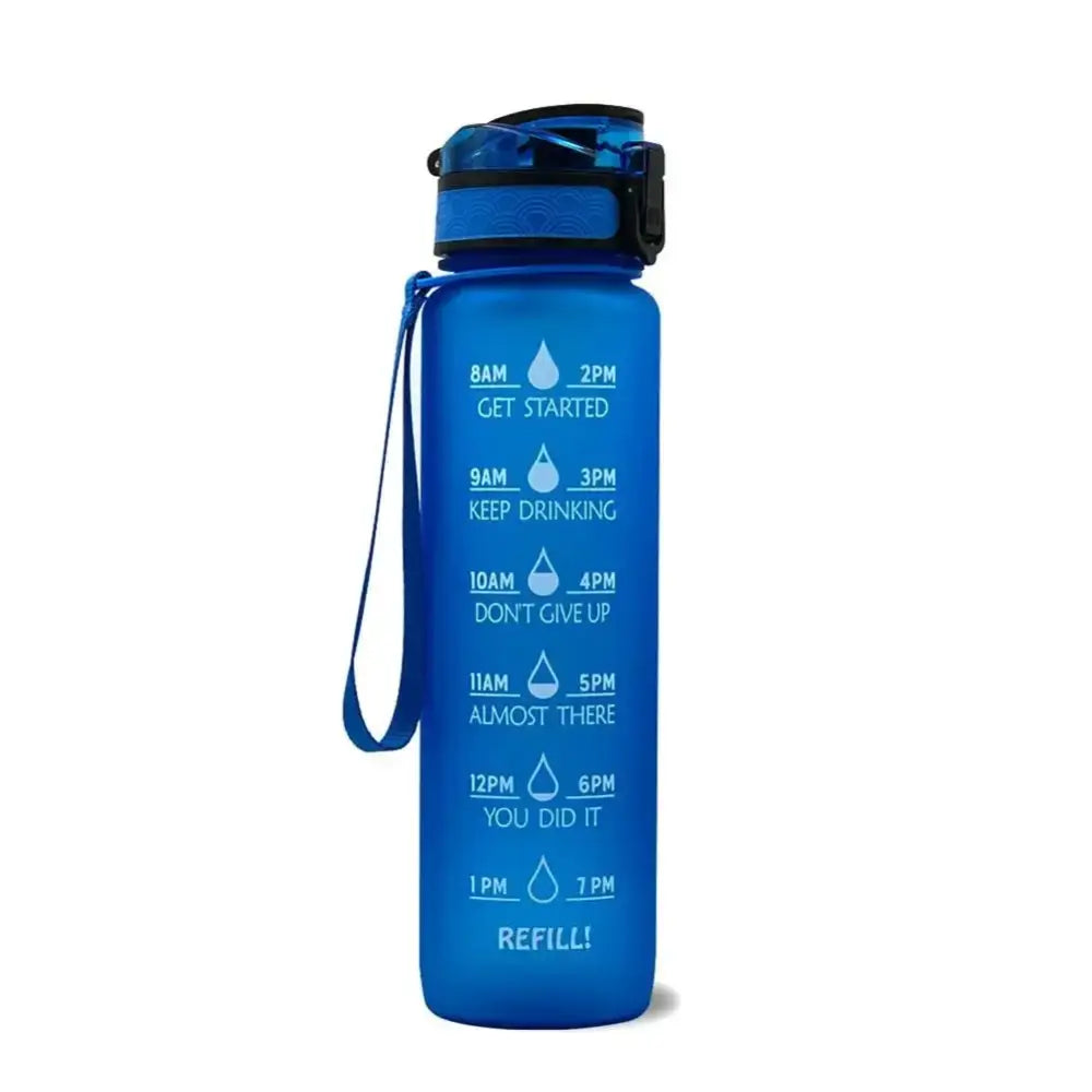 Blue water bottle with motivational time markers for tracking water intake throughout the day.