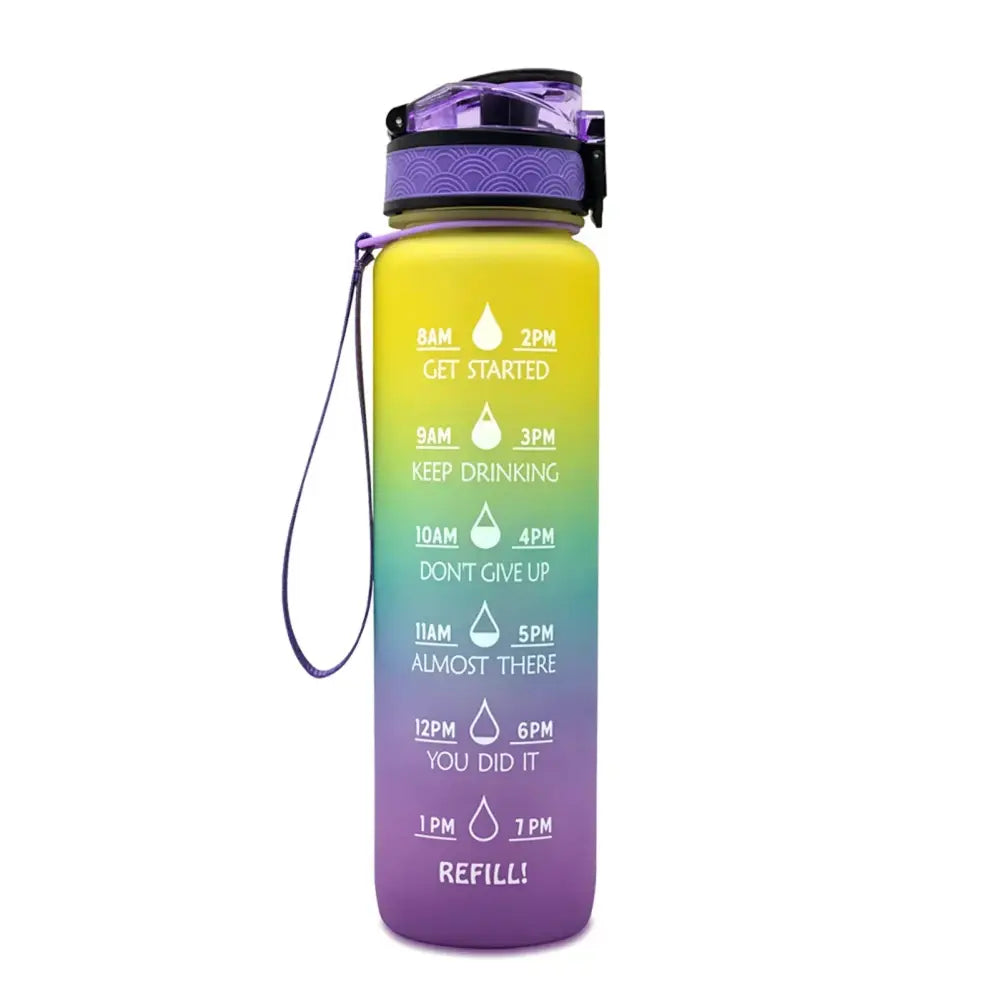 Colorful water bottle with motivational time markers for hydration tracking.