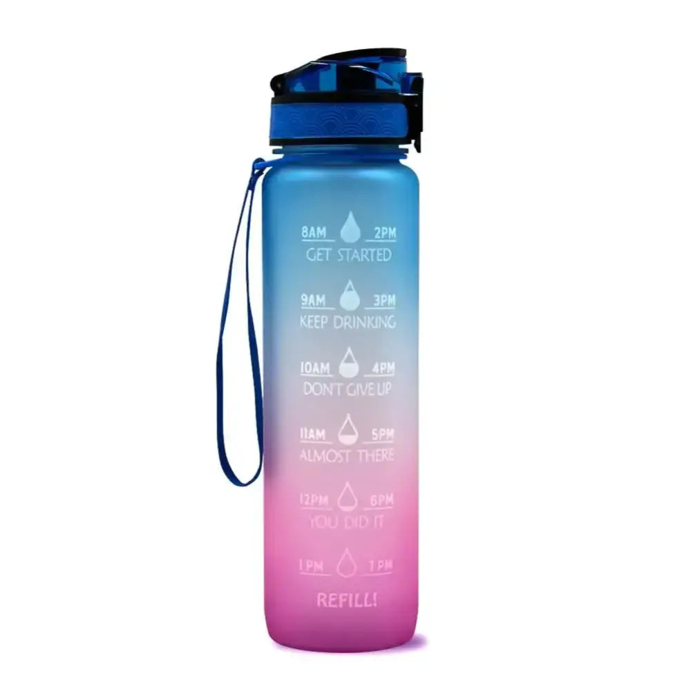 Gradient blue-to-pink water bottle with time markers and motivational text.