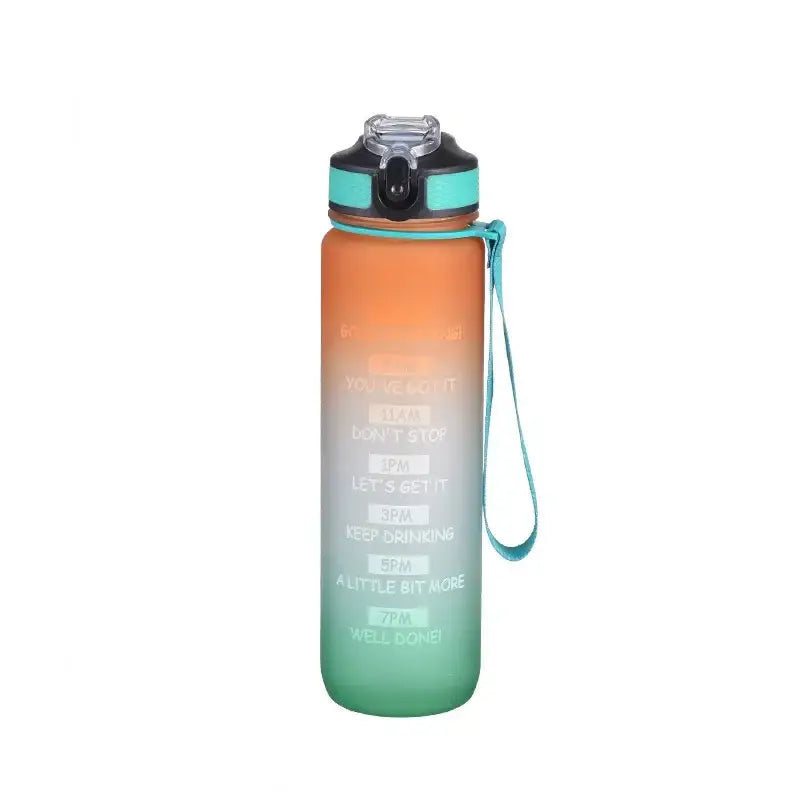 Gradient-colored water bottle with motivational text and a turquoise cap.