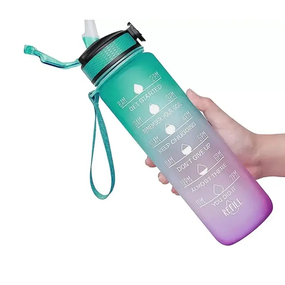 Gradient-colored water bottle with time markers and motivational text.