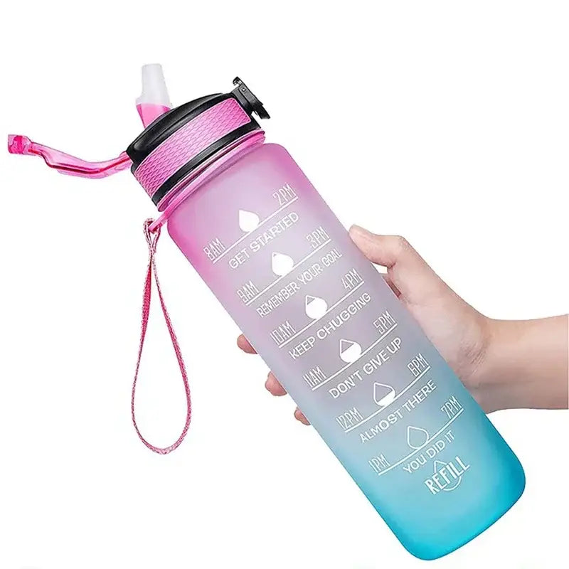 Gradient-colored water bottle with time markings and motivational text.