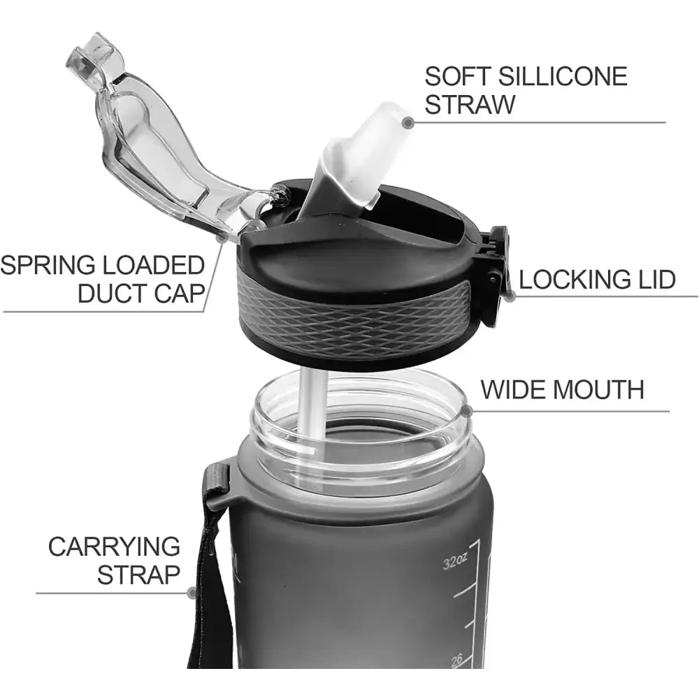 Reusable water bottle with labeled components including a soft silicone straw, locking lid, and carrying strap.