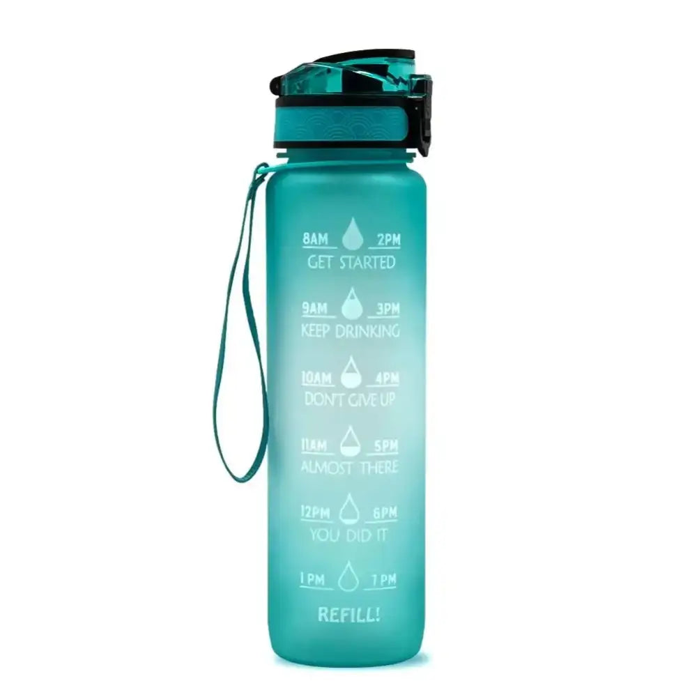 Teal reusable water bottle with time markings and hydration reminders.