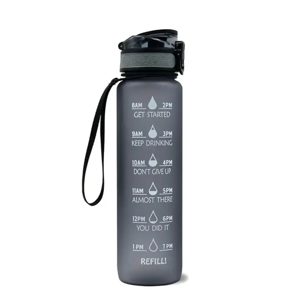 Water bottle with motivational time markers for tracking daily hydration.