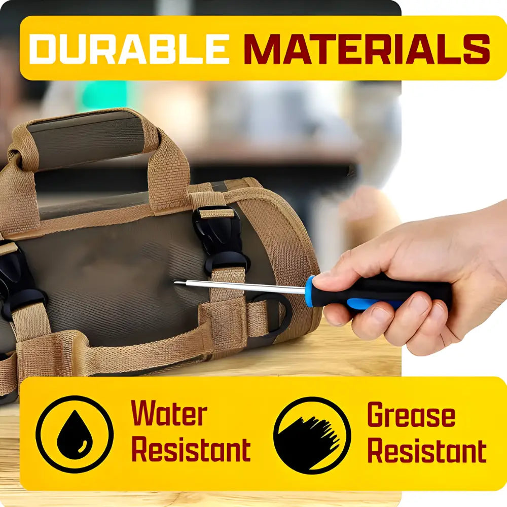 Rugged tan tool bag with water and grease resistant properties.