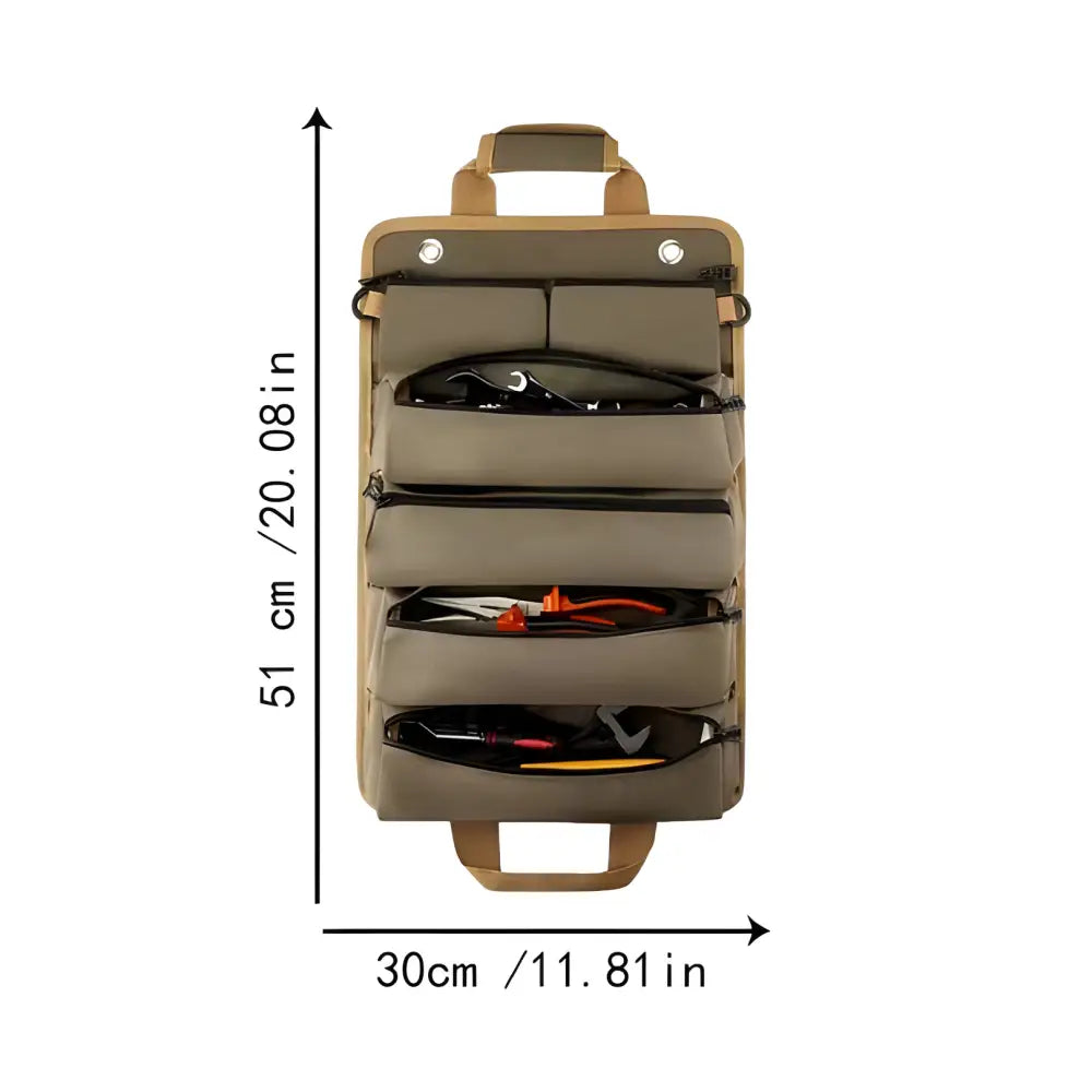 Tan multi-compartment organizer bag with handles and dimensions labeled.