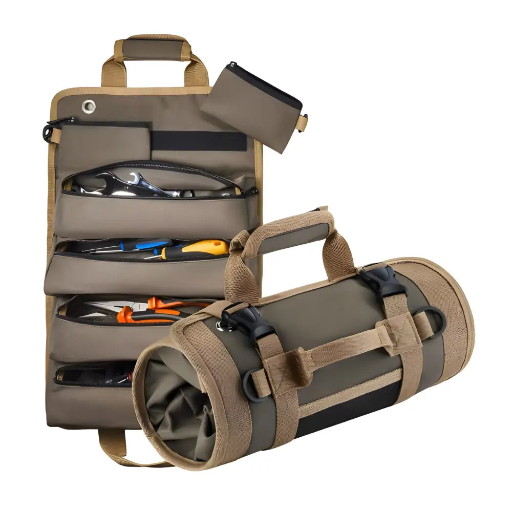 Tool roll organizer with multiple pockets and a detachable pouch.