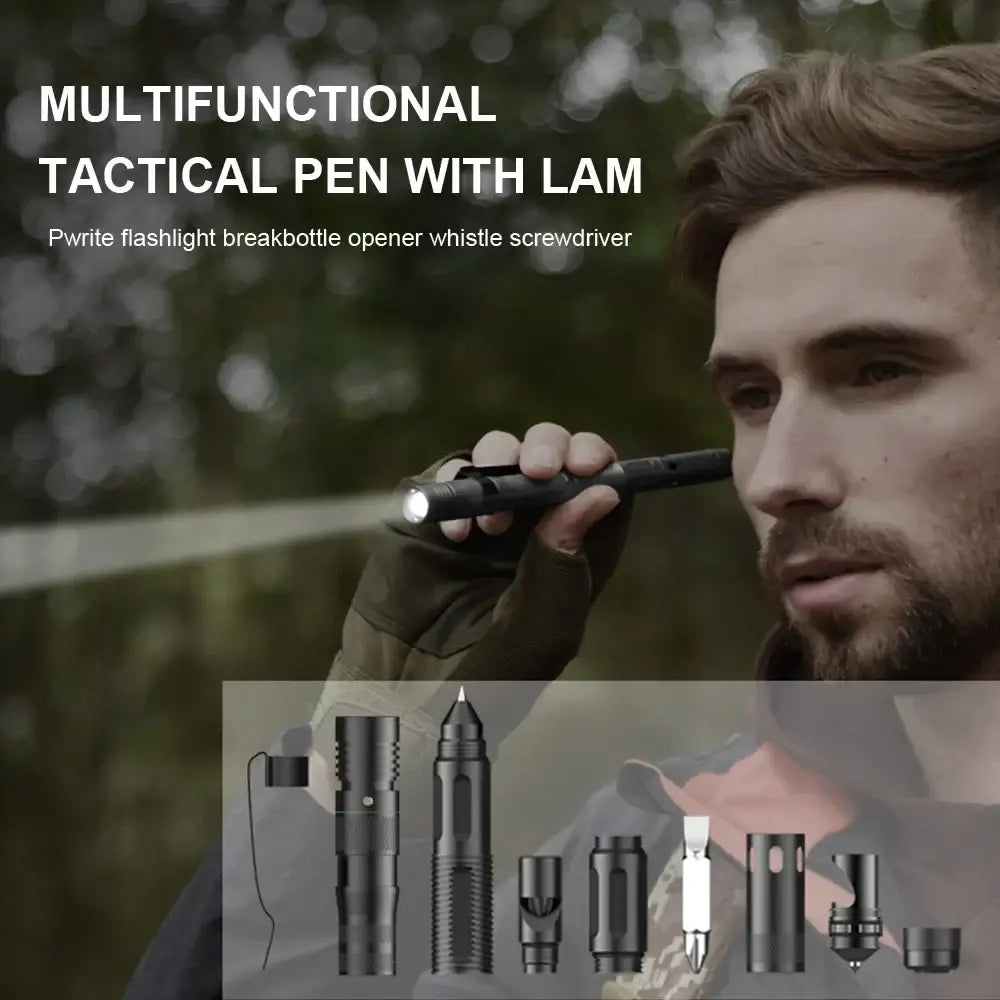 Multifunctional tactical pen with various attachments including a flashlight, bottle opener, whistle, and screwdriver.