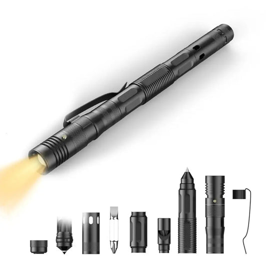 Tactical pen-style flashlight with multiple interchangeable attachments.