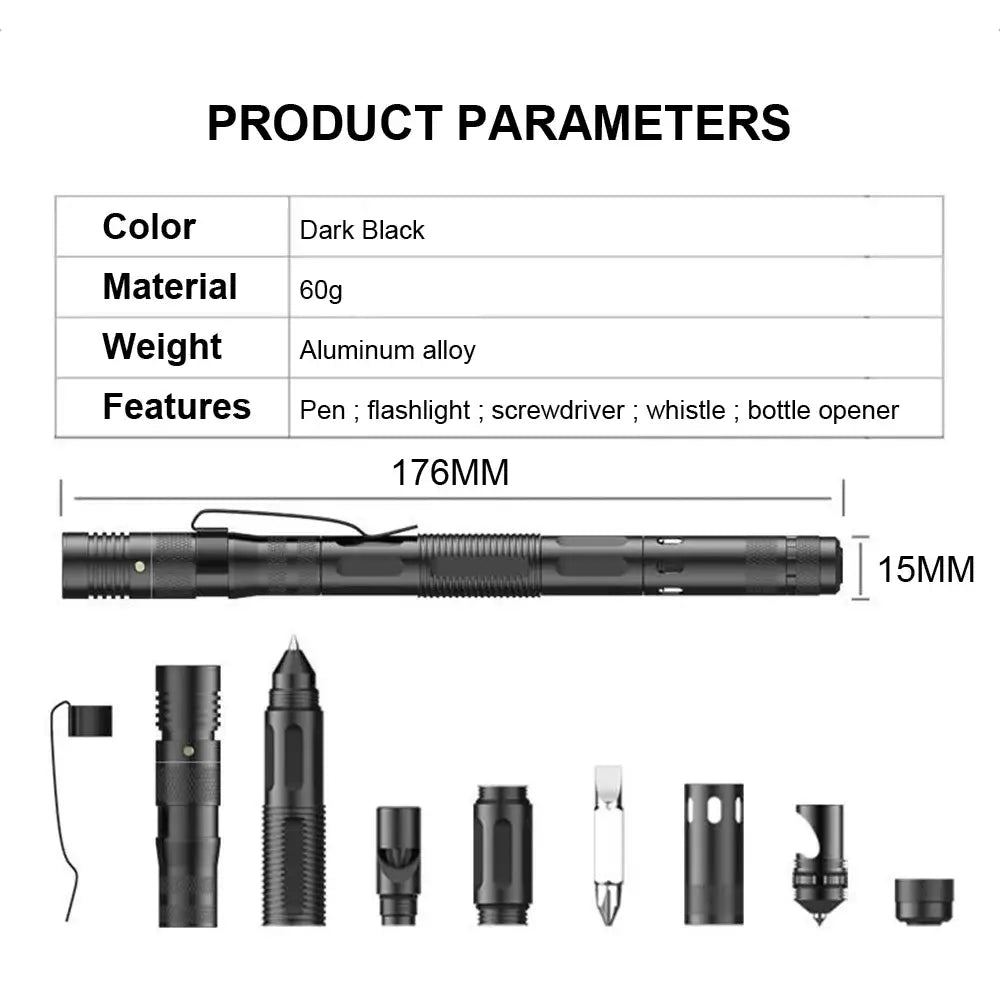 Multifunctional tactical pen with various attachments and features.