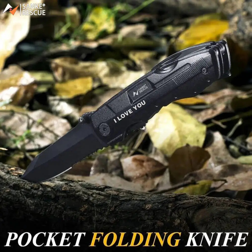 Black folding pocket knife with ’I LOVE YOU’ engraved on the handle.