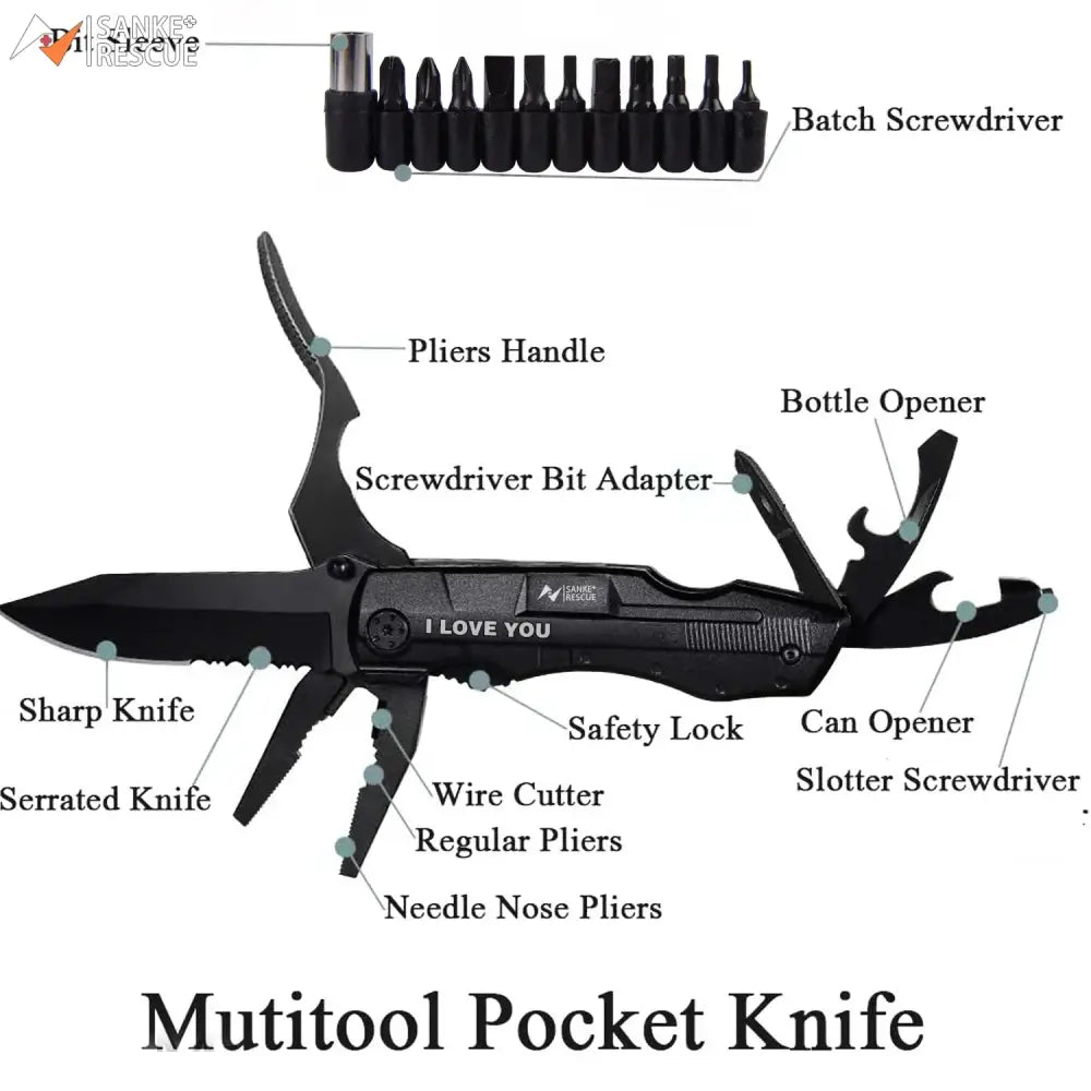 Multifunctional pocket knife with various tools and attachments labeled.