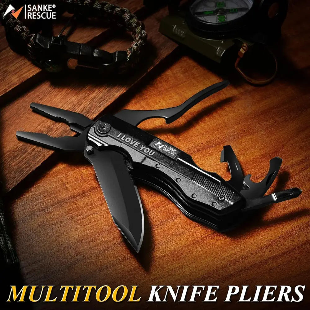 Multitool combining pliers, knife blade, and other utility functions in a compact folding design.