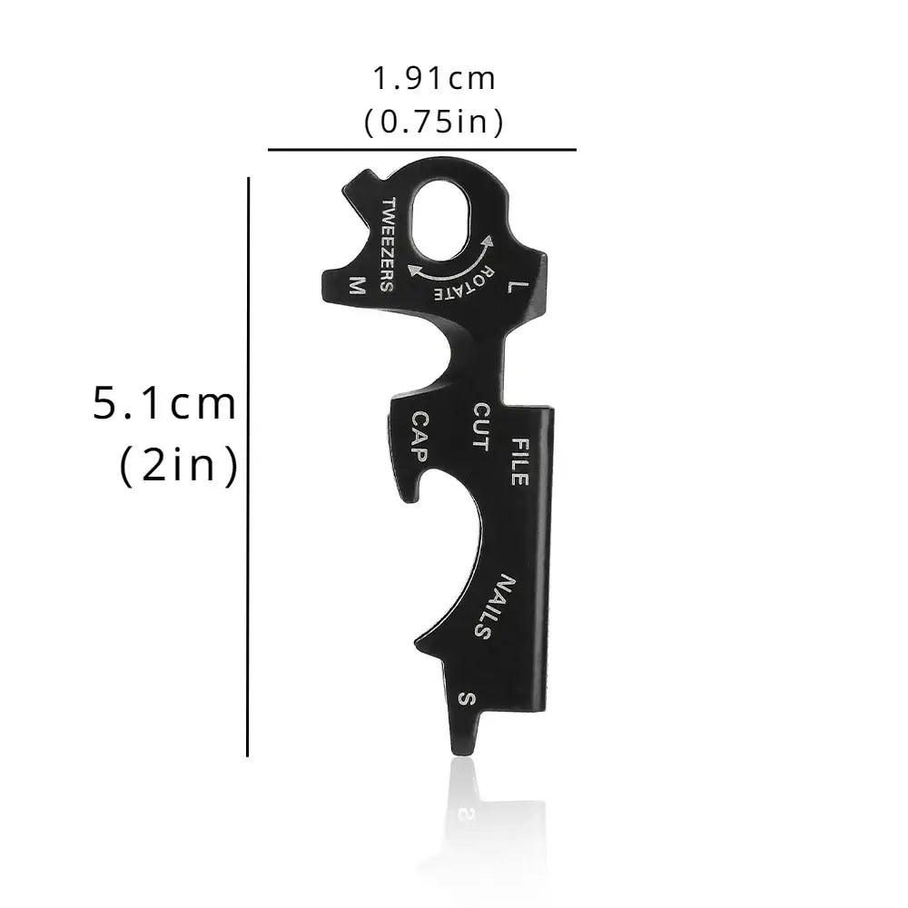 Black multi-tool device with various functions labeled on its surface.