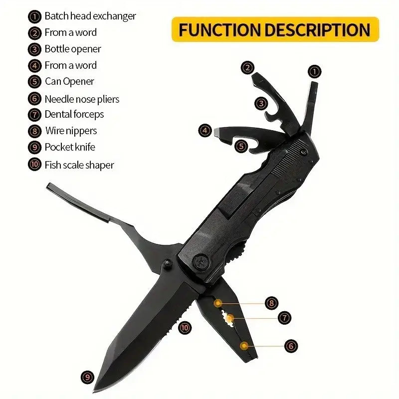 Multi-tool pocket knife with various attachments and functions.